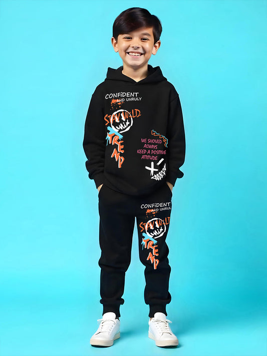 Trampoline Boy's Black Hooded 'CONFIDENT' T-Shirt & Pant Set