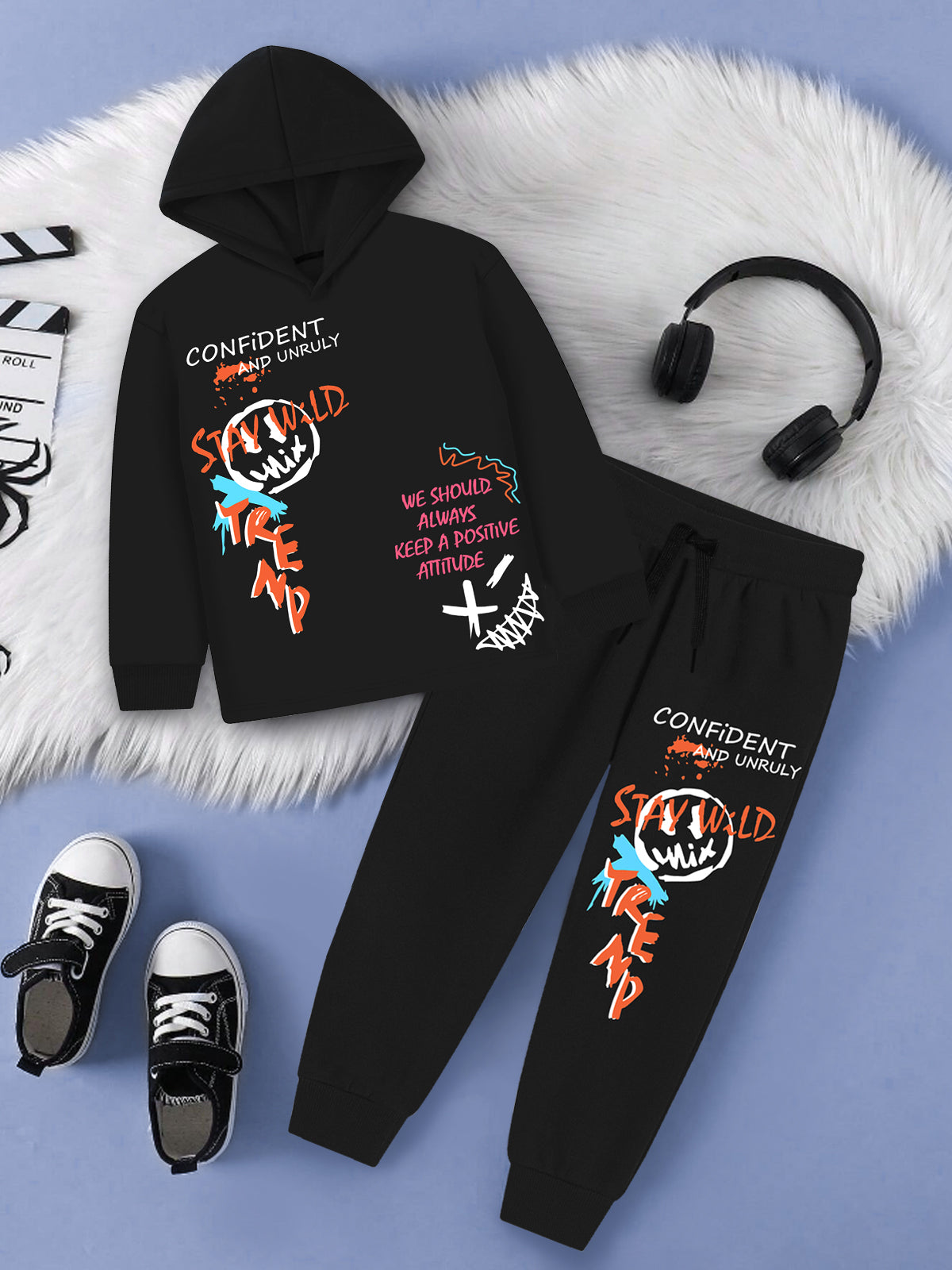 Trampoline Boy's Black Hooded 'CONFIDENT' T-Shirt & Pant Set