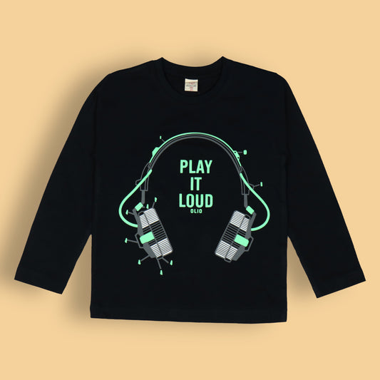 Play It Loud! Black Tee by OlioKids – Boys’ Full Sleeves, Musical Theme, Extra Soft Cotton for Fun & Fashion