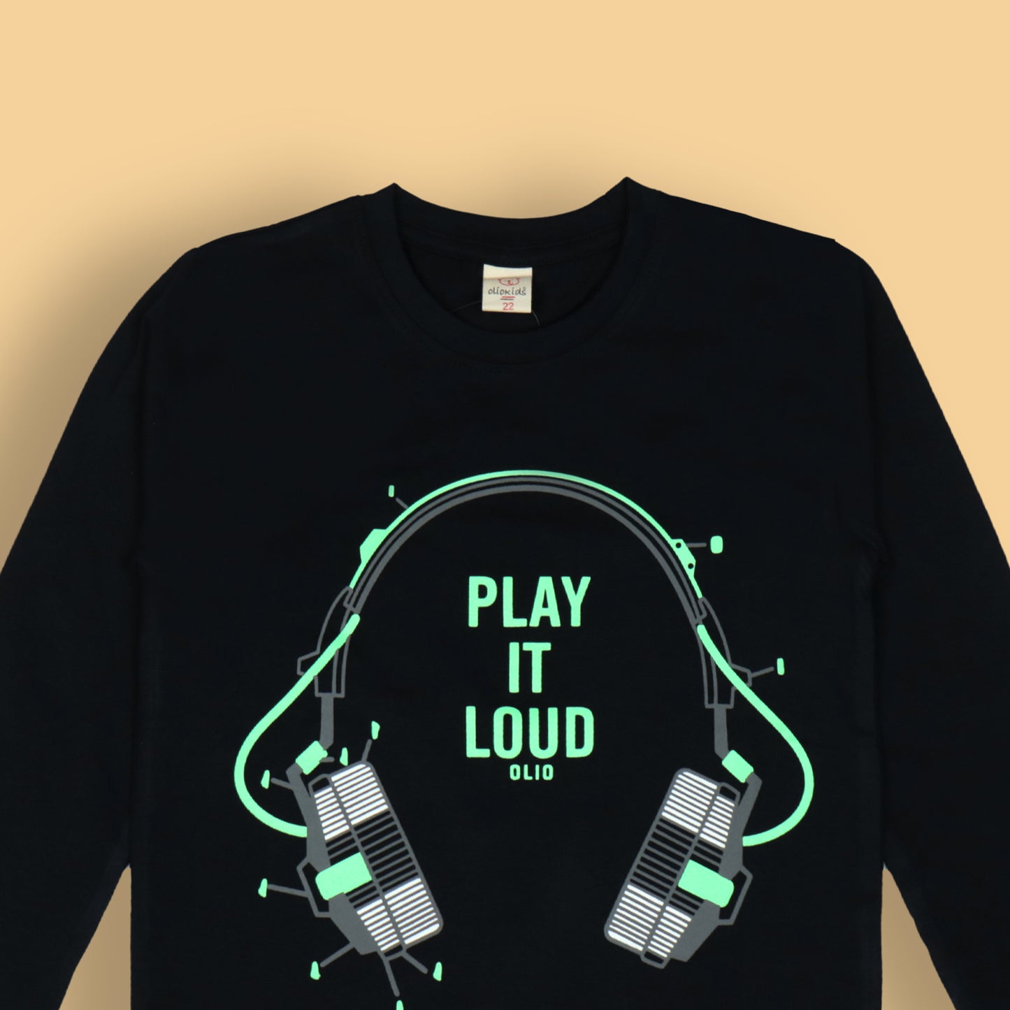 Play It Loud! Black Tee by OlioKids – Boys’ Full Sleeves, Musical Theme, Extra Soft Cotton for Fun & Fashion