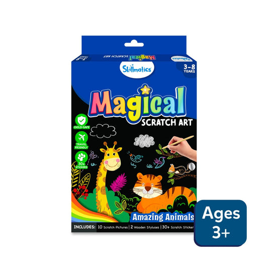 Skillmatics Scratch Art Book – Animal-Themed DIY Kit with 30+ Scratch Stickers, Travel Craft for Kids Ages 3–8