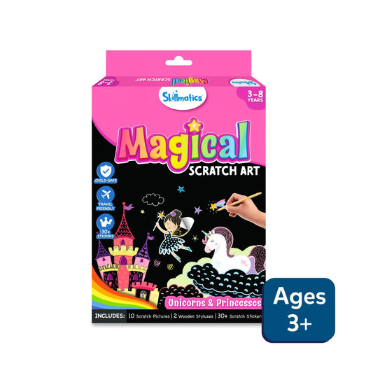 Skillmatics Scratch Art Book – Unicorn & Fairy -Themed DIY Kit with 30+ Scratch Stickers, Travel Craft for Kids Ages 3–8