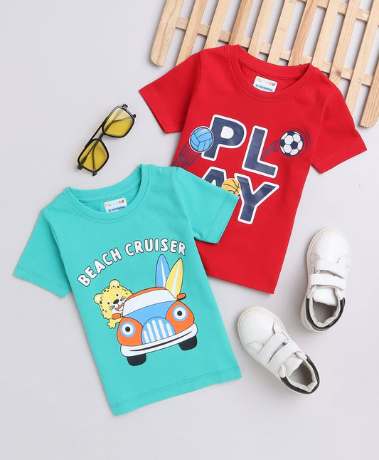 Bumzee boys’ cotton T-shirts set: half sleeves, rib neck, and cool “PLAY” and “BEACH CRUISER”!