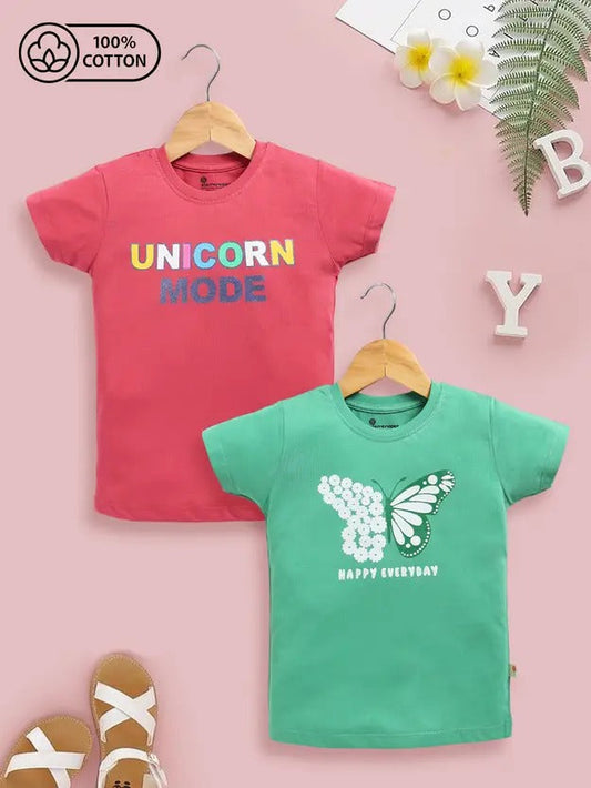 Girls’ Red & Green Quote Print Cotton T-Shirts (Pack of 2)