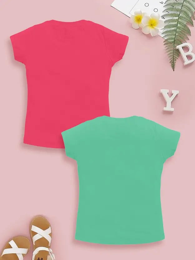 Girls’ Red & Green Quote Print Cotton T-Shirts (Pack of 2)