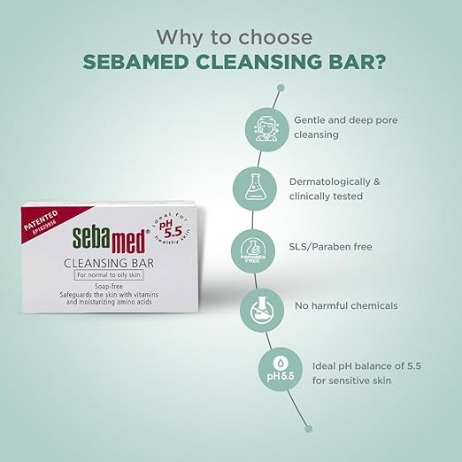 Sebamed Cleansing Bar, Sensitive Skin, pH 5.5, Soap-Free, Moisturizing, Vitamins & Amino Acids, Phthalate/SLS/Paraben-Free, Clinically Proven, 100g, Dry Skin