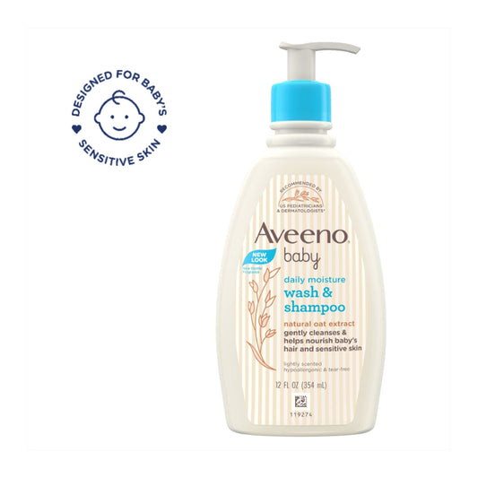 Aveeno Baby Daily Moisture Wash & Shampoo (354 ml) – Tear-Free, Soap-Free, Paraben-Free, Hypoallergenic with Oat Kernel Extract & Glycerin | US #1 Pediatrician Recommended