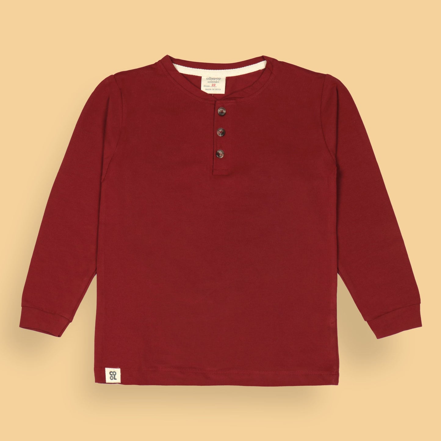 Ollypop Boys’ Solid Red Cotton T-Shirt – Full Sleeves, Round Neck with Buttons, Essential Winter & Monsoon Wear
