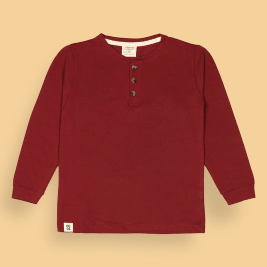 Ollypop Boys’ Solid Red Cotton T-Shirt – Full Sleeves, Round Neck with Buttons, Essential Winter & Monsoon Wear