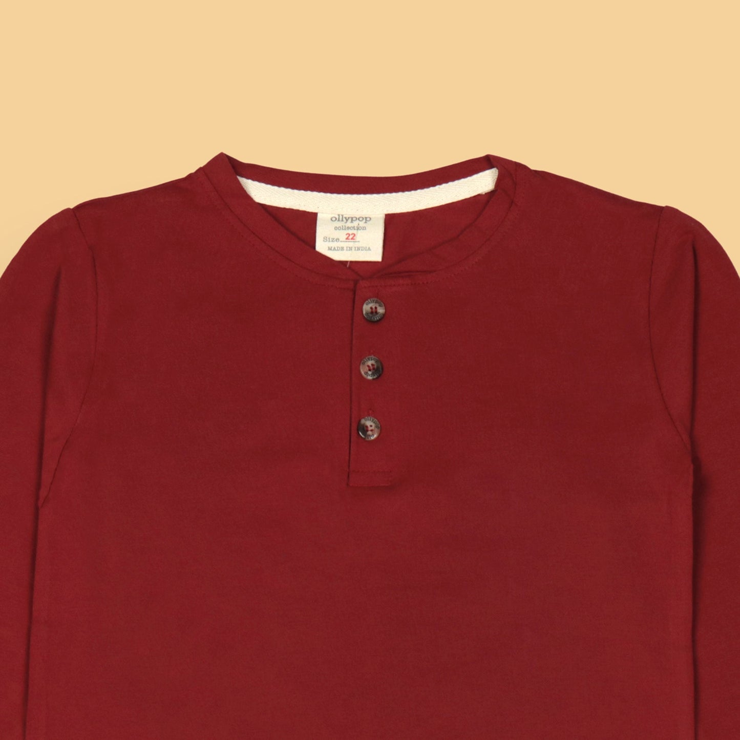 Ollypop Boys’ Solid Red Cotton T-Shirt – Full Sleeves, Round Neck with Buttons, Essential Winter & Monsoon Wear