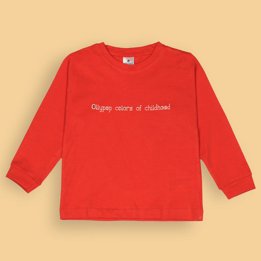 Ollypop Essentials T-Shirt – Breezy Breathable Sinker, Full Sleeves, Placement Print for Happy Kids (Red)