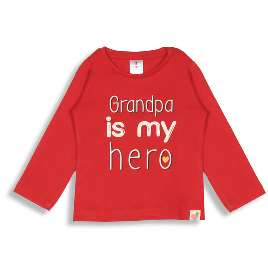 Ollypop Red 'Grandpa is my hero' Placement Print Cotton Full Sleeve T-Shirt