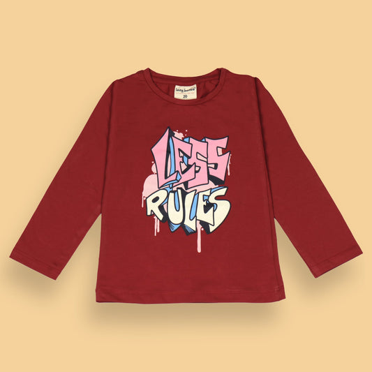 Ollypop Girl Bold Red 'LESS RULES' Placement Print Cotton Full Sleeve T-Shirt