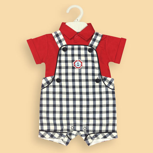 Toffyhouse Smart Outdoor Cotton Romper – Red Checked Half Sleeve Top with Polo Collar & Knee-Length Buttoned Dungaree