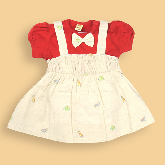 Delightful Red Cotton Peplum Frock with Shoulder Snap Buttons