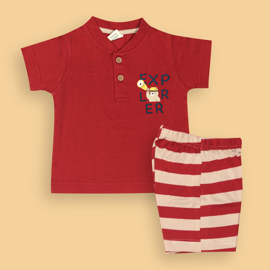 Zero Boys’ Summer Essentials Set – Red Half Sleeve Teddy Bear Cartoon Tee with Front Button & Elastic Waist Shorts