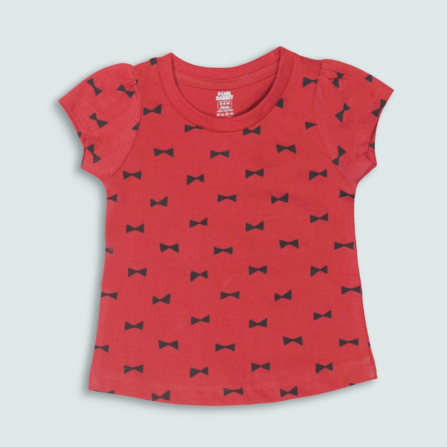 Pink Rabbit Girls Red Cotton All Over Print Cap Sleeve T-shirt