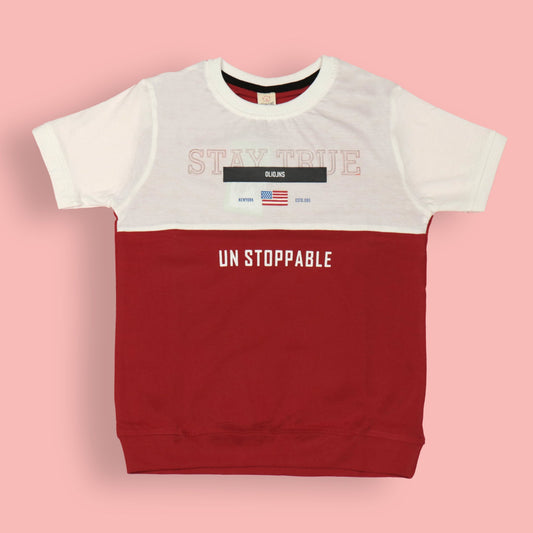 OlioKids Boys’ Red Half Sleeve Tee – Stay True, Unstoppable Quote, Cotton Blend for Outdoor, Party & Everyday Wear