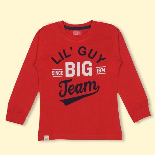 NIOMODA Boys’ Sporty Cotton Club Tee – Red Full Sleeves, LIL’ GUY BIG TEAM Print, Game On Winter Wear