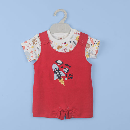 Toffyhouse Red Space Themed Cotton Dungaree Set Half Sleeve Crew Neck Top & Short Bodysuit