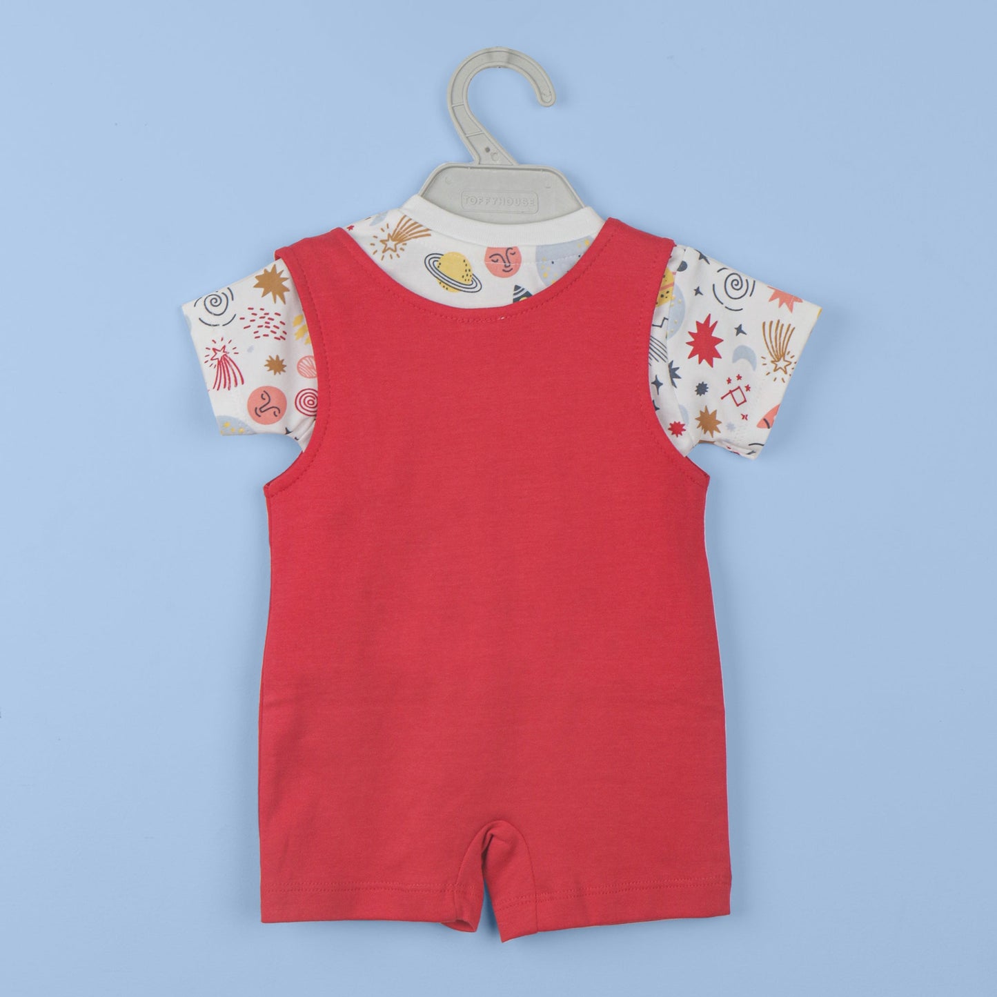 Toffyhouse Red Space Themed Cotton Dungaree Set Half Sleeve Crew Neck Top & Short Bodysuit