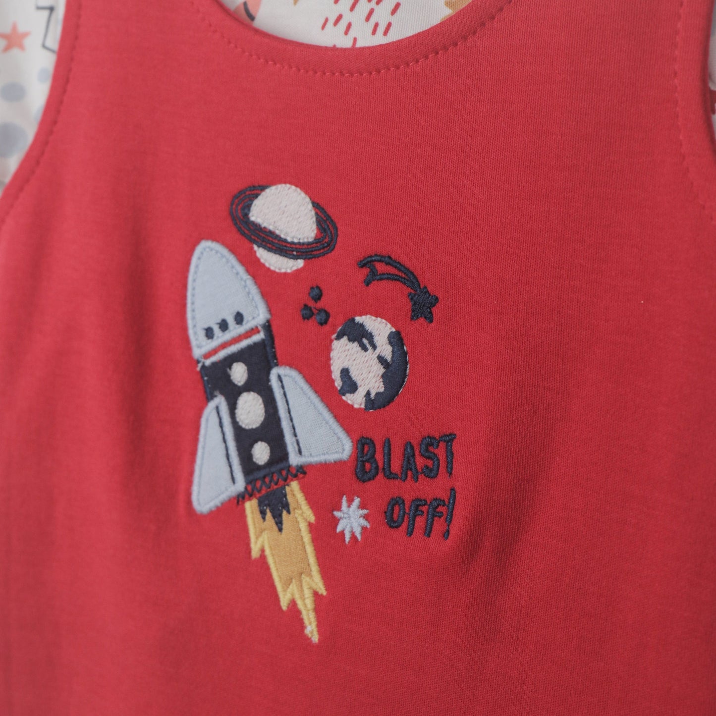 Toffyhouse Red Space Themed Cotton Dungaree Set Half Sleeve Crew Neck Top & Short Bodysuit