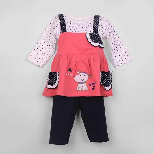 Brighten her day in Piu’s red frock—embroidery, 3/4 sleeves, and comfy leggings!