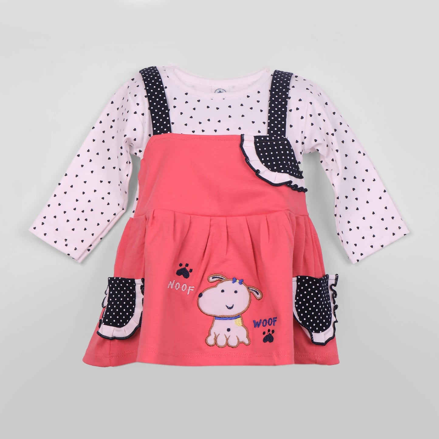 Brighten her day in Piu’s red frock—embroidery, 3/4 sleeves, and comfy leggings!