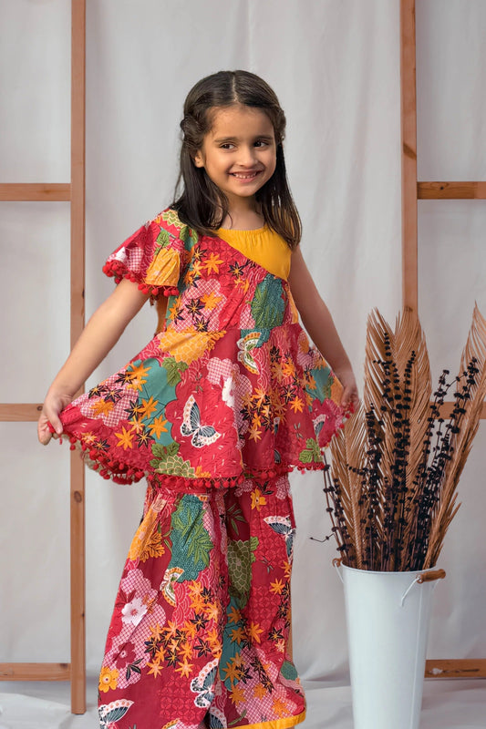 Dapper in Red: Peekaaboo Trendy Top & Flared Palazzos for Little Fashion Stars