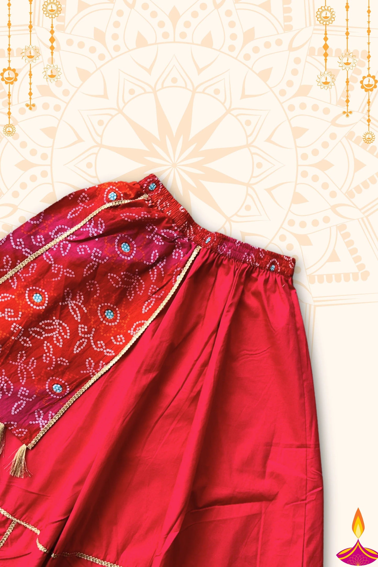 Little Festive Spark: Peekaaboo Red Print Choli & Full Skirt Set for Outdoor Twirls