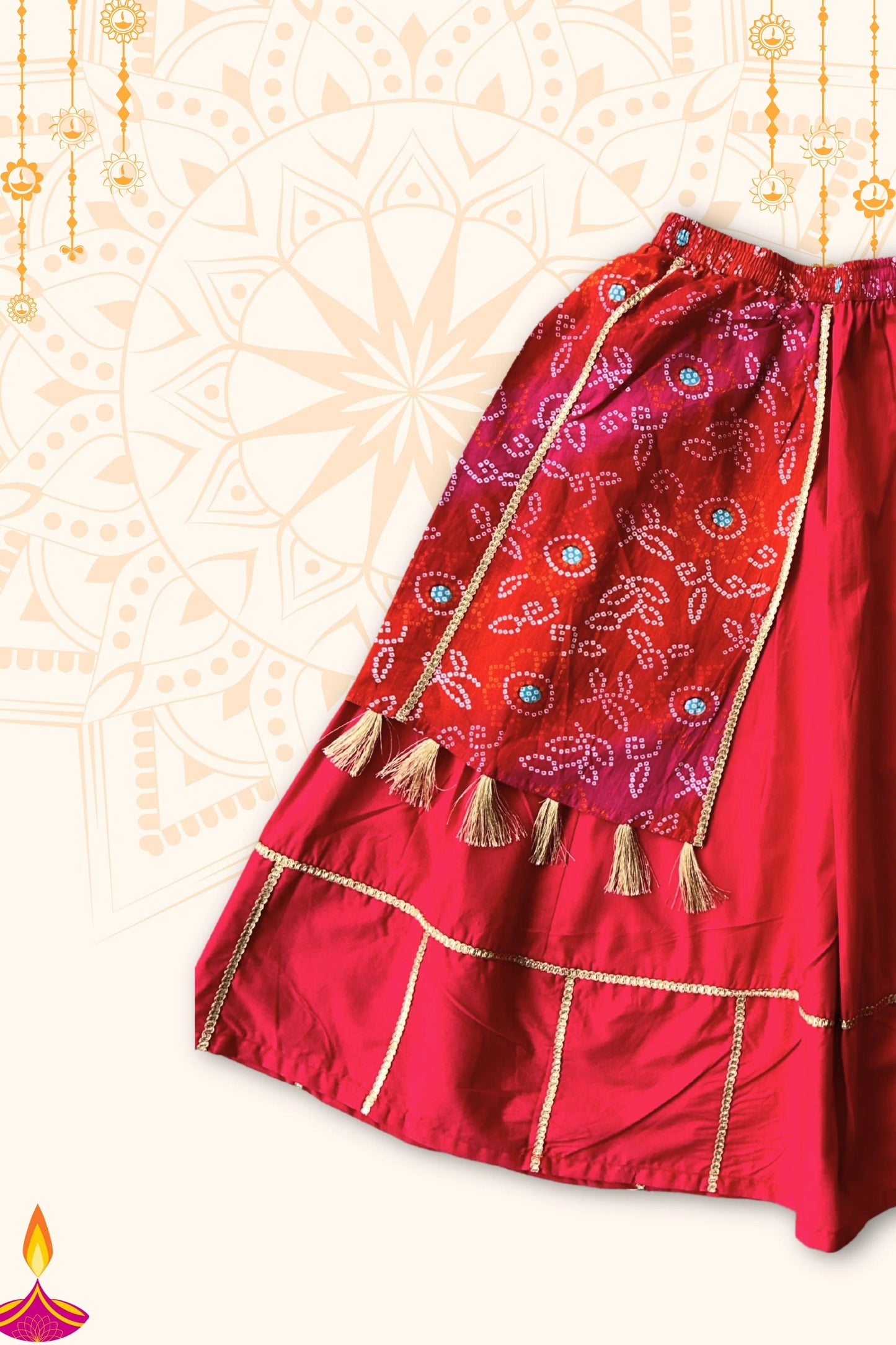 Little Festive Spark: Peekaaboo Red Print Choli & Full Skirt Set for Outdoor Twirls