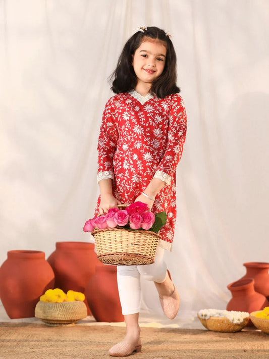 Chic in Cotton: Printed Red Kurti Set