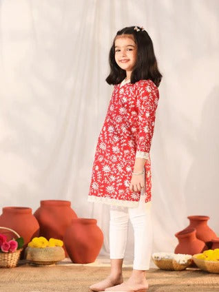 Chic in Cotton: Printed Red Kurti Set