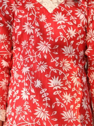 Chic in Cotton: Printed Red Kurti Set