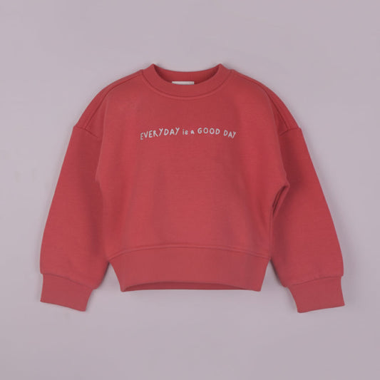 Full Sleeve Red Cotton Sweatshirt for Girls | Little Kangaroos ‘Good Day’ Smart Outdoor