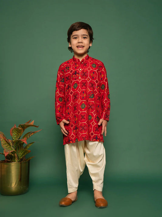 Playful Prince – Red Printed Kurta Pyjama Ensemble