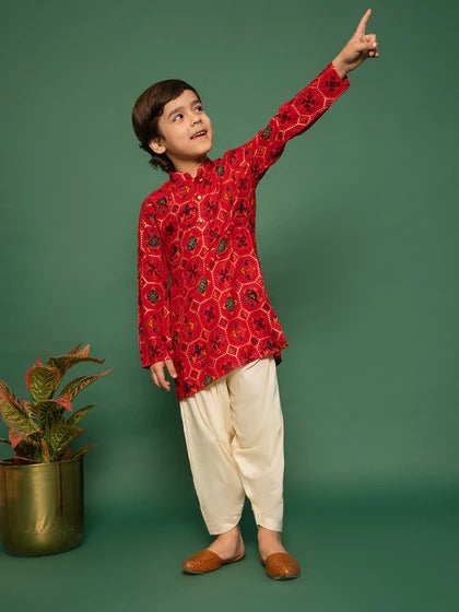 Playful Prince – Red Printed Kurta Pyjama Ensemble