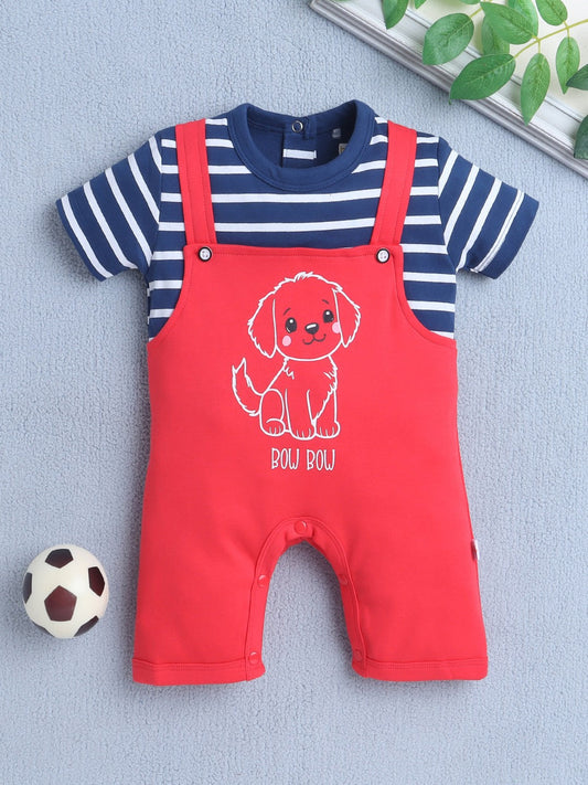 Playful days ahead with Bumzee’s red romper—soft cotton and “BOW BOW” charm for boys!