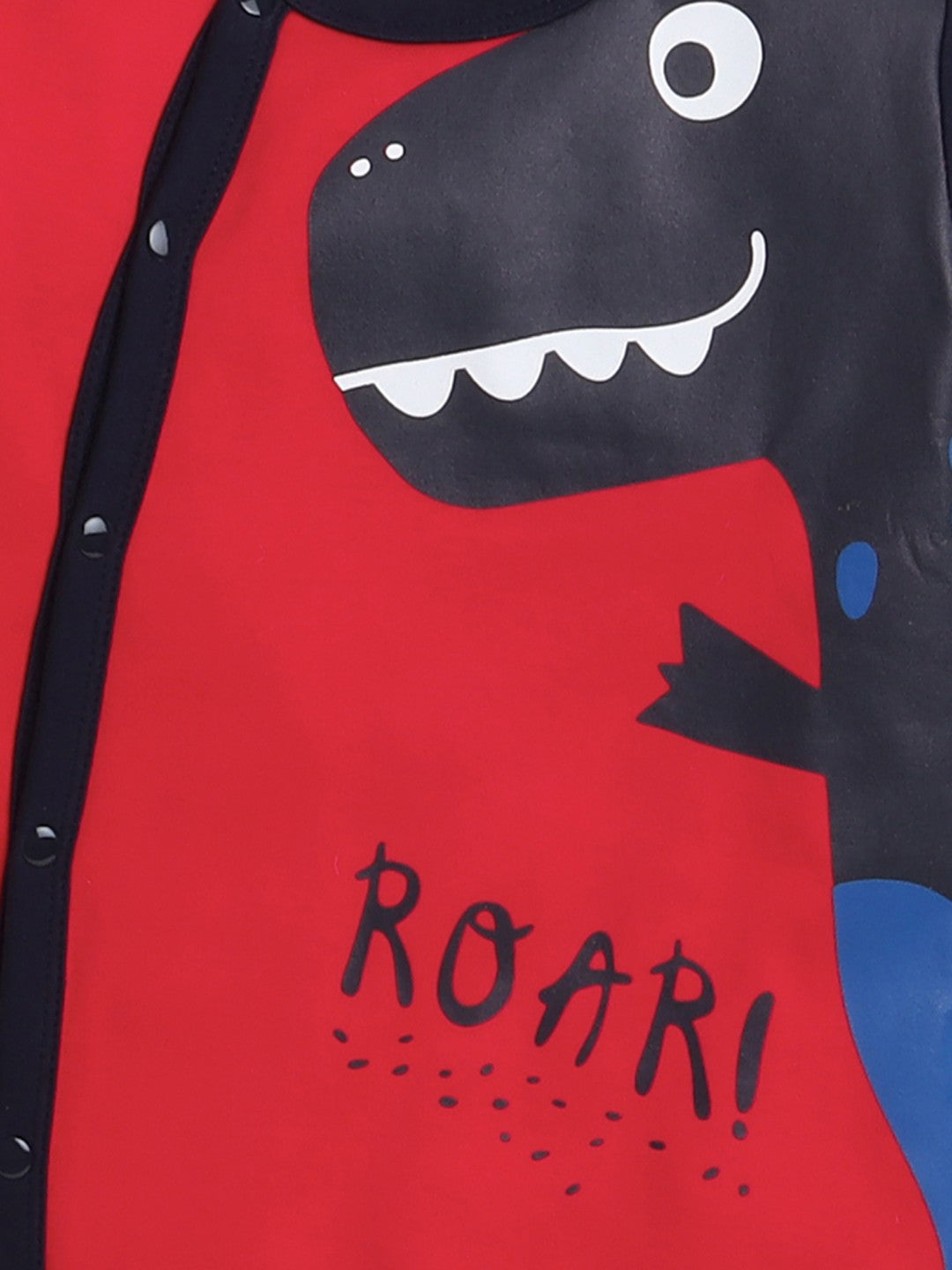 Bumzee’s boys’ red bodysuit: cozy cotton, easy snap closure, and playful “ROAR” text!