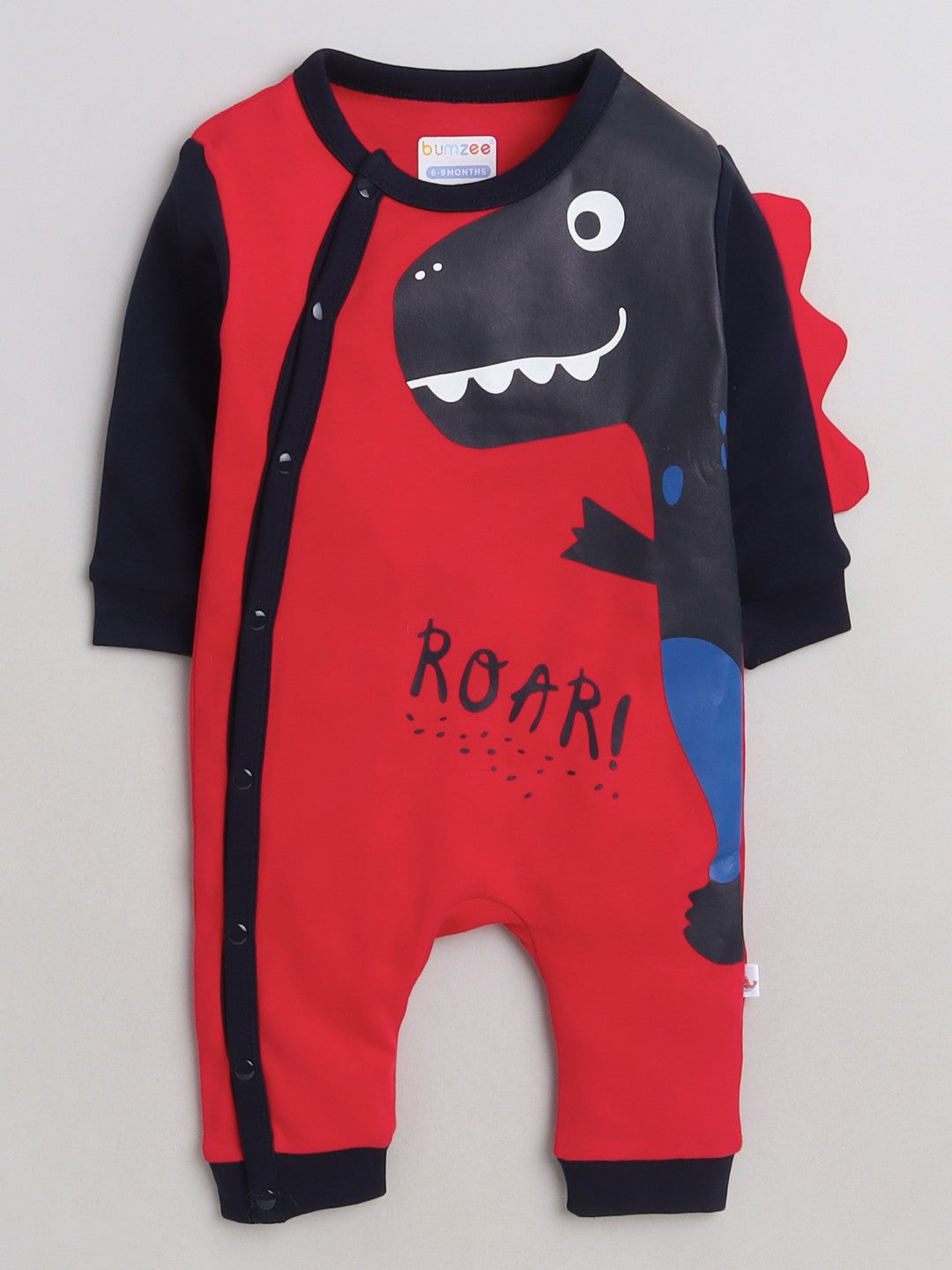 Bumzee’s boys’ red bodysuit: cozy cotton, easy snap closure, and playful “ROAR” text!