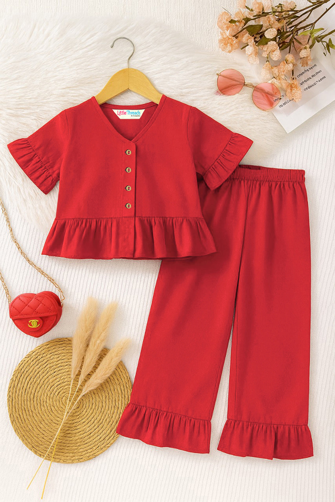 Pop of Red! V-Neck Party Top & Full-Length Trousers Set