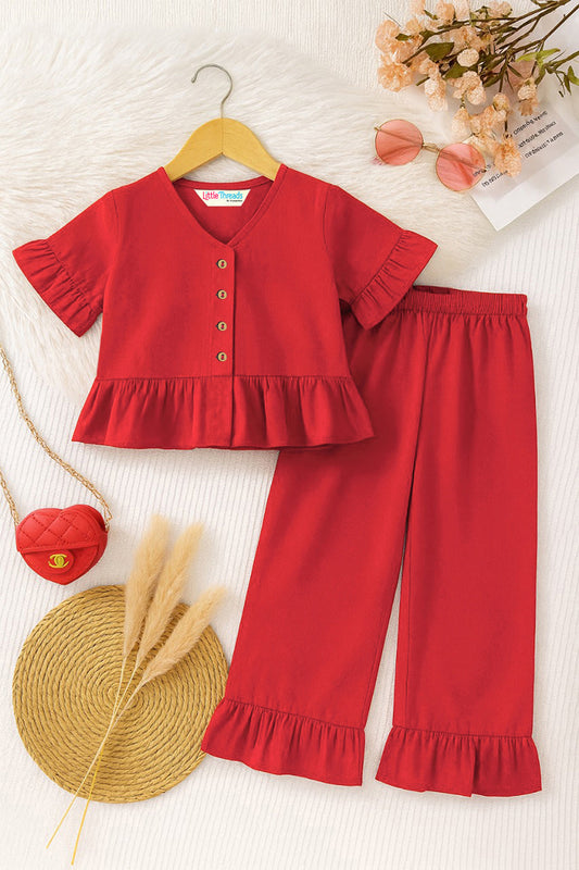 Pop of Red! V-Neck Party Top & Full-Length Trousers Set