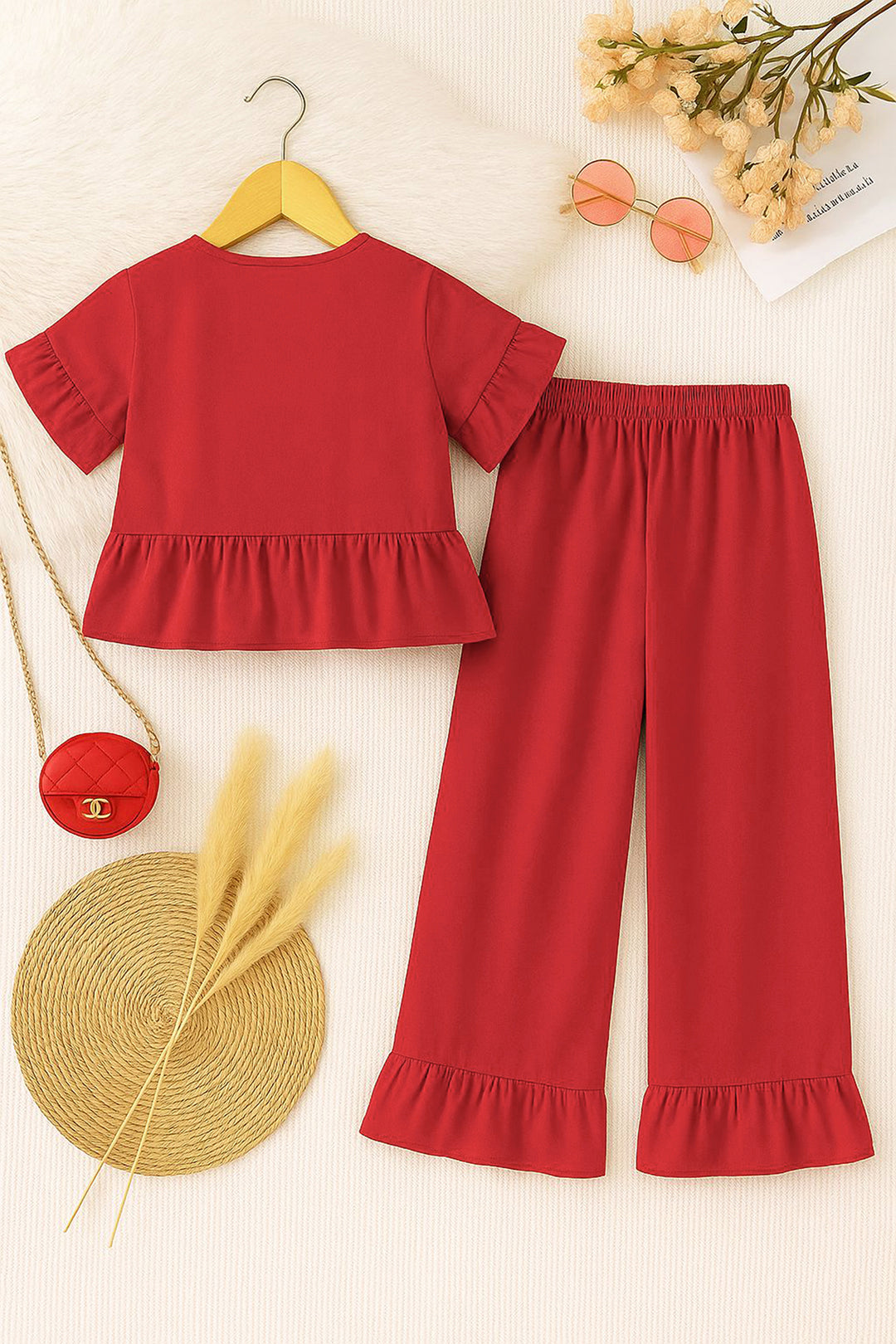 Pop of Red! V-Neck Party Top & Full-Length Trousers Set