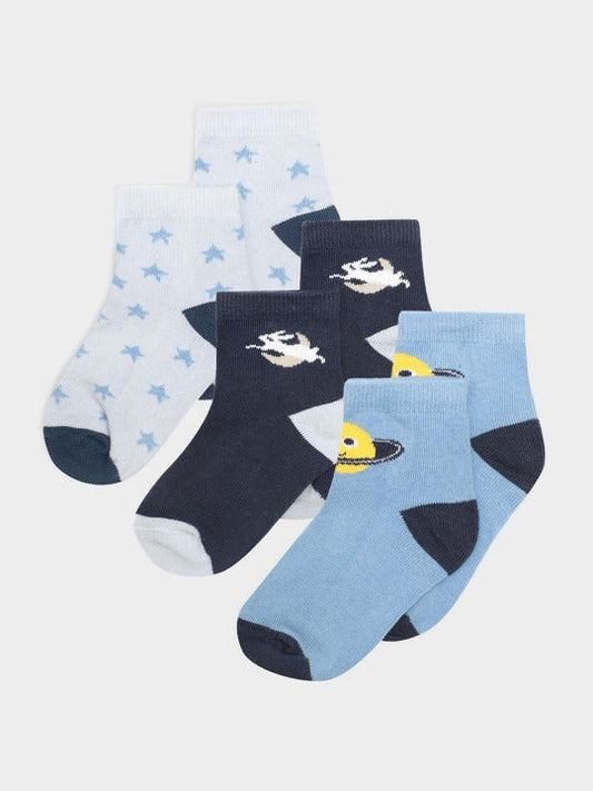 Navy & Sky Blue Cotton Blend Placement Print Socks – 3-Pair Mid-Ankle Set