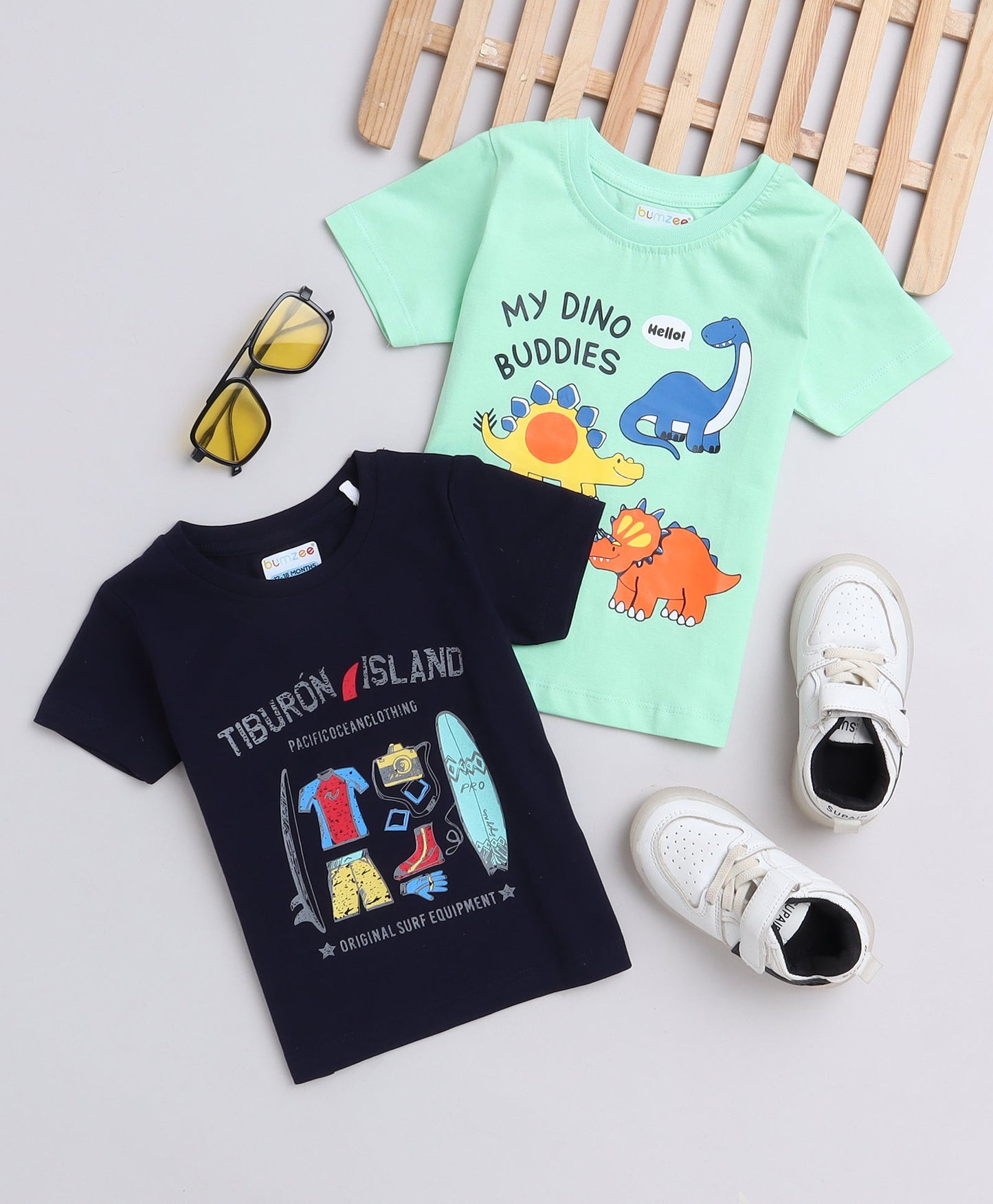 Bumzee Boys’ Playtime Printed T-Shirt Set – “My Dino Buddies” & “Surf Equipment”