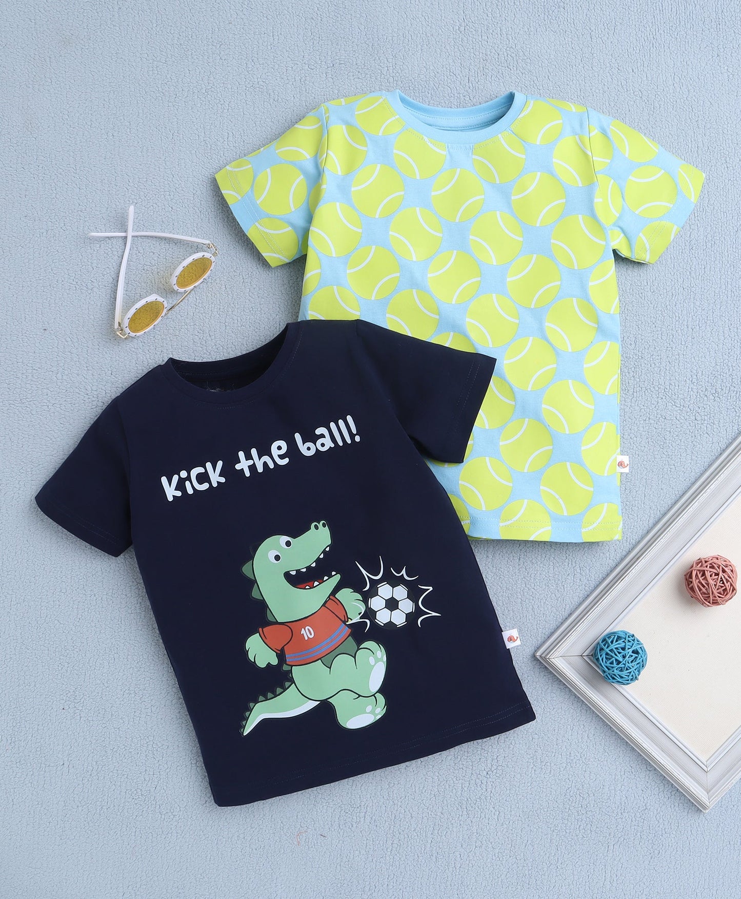 Game On! Bumzee Boys’ “Kick the Ball!” Cotton T-Shirt Pack – Navy Blue & Neon Green