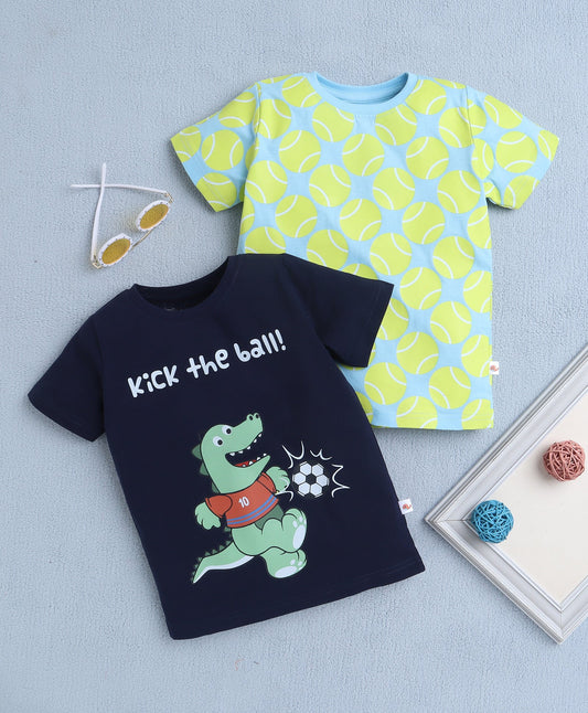 Game On! Bumzee Boys’ “Kick the Ball!” Cotton T-Shirt Pack – Navy Blue & Neon Green