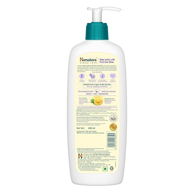 Himalaya Baby Lotion, Pure Cow Ghee & Aloe Vera, pH 5.5, Safe for Newborns & Sensitive Skin, No Parabens/Phthalates/Mineral Oil/Synthetic Color, Dermatologically Tested, 400ml
