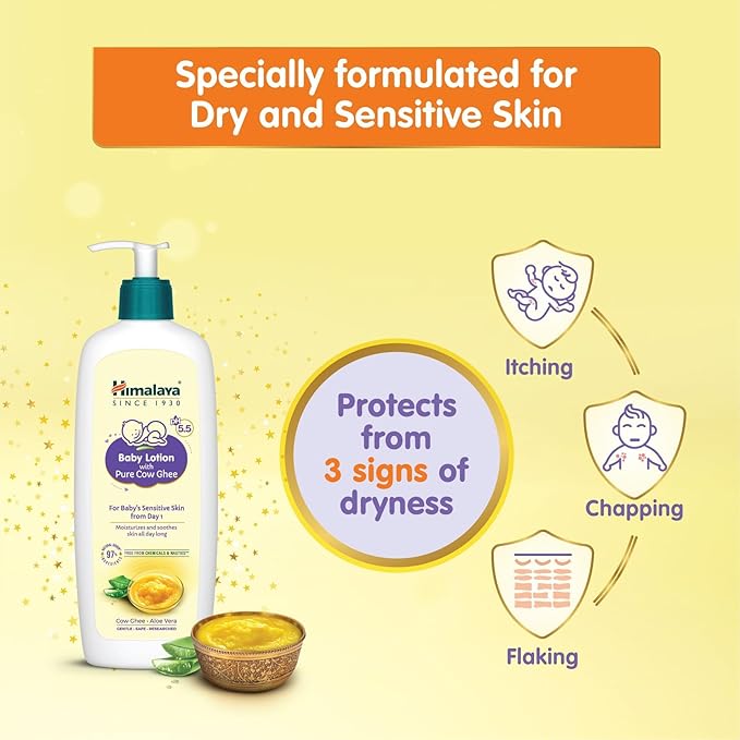 Himalaya Baby Lotion, Pure Cow Ghee & Aloe Vera, pH 5.5, Safe for Newborns & Sensitive Skin, No Parabens/Phthalates/Mineral Oil/Synthetic Color, Dermatologically Tested, 400ml