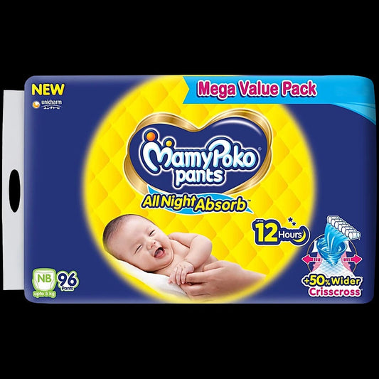Mamypoko Pants All Night Absorb Diapers - NB, Upto 5 kg, 96 pcs